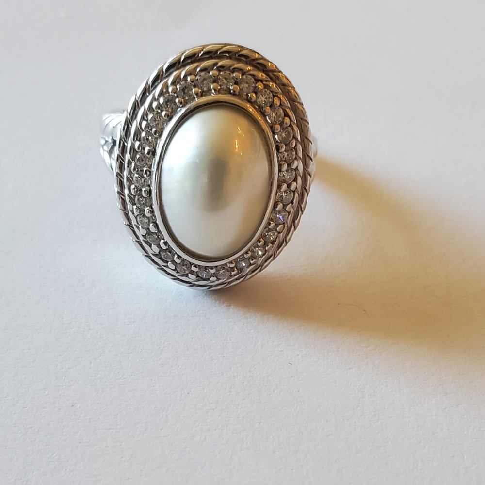 Judith Ripka Pearl & Diamonique Ring, Sz 8